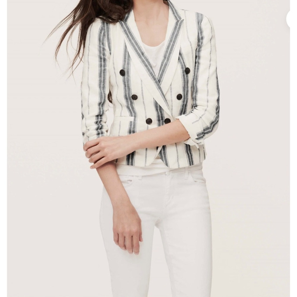 Loft‎ Linen Blend Striped Double Breasted Blazer Jacket Women Size 8